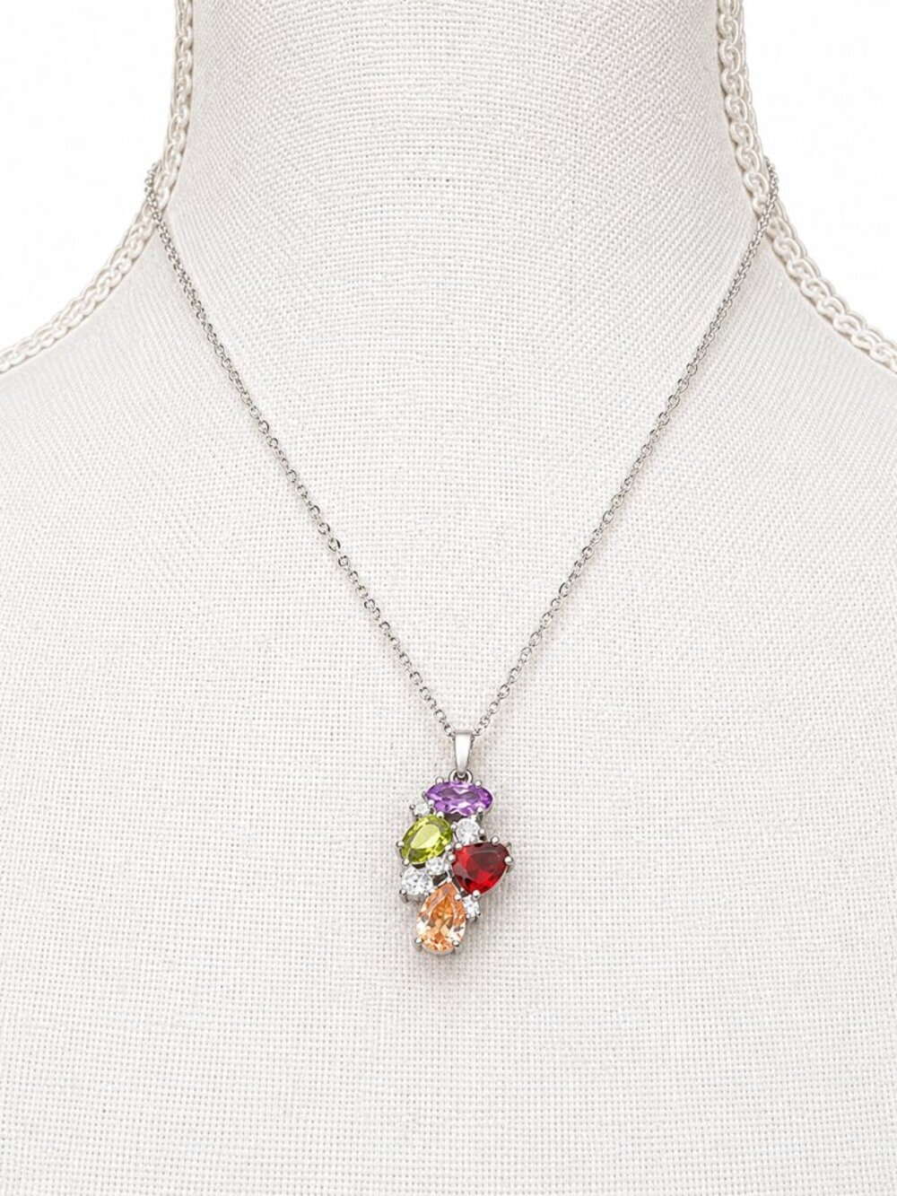 Multi-Gemstone Silver Pendant Necklace - Purple, Green, Red, Orange